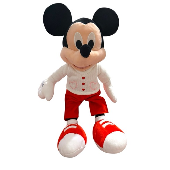 Disney Store Mickey Mouse Valentine Plush Red White Sweater Hearts Plush - Picture 3 of 10